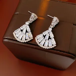 Exquisite silver needle fan-shaped drop earrings with brilliant pavé white zircons