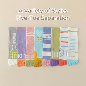 Set of 8 pairs of pastel cotton five-finger sports socks with striped knit patterns