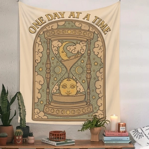 Bohemian hourglass sun and moon tapestry wall hanging with One Day At A Time text