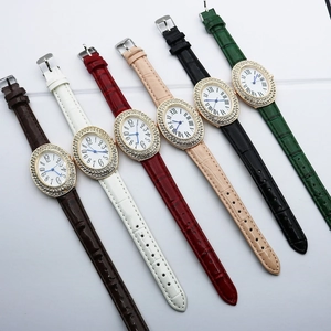Women's quartz watches with oval rhinestone cases and leather straps in six colors