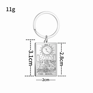 Stainless steel tarot card keychain featuring The Moon XVIII design with size dimensions
