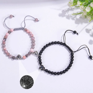 Magnetic couple bracelets with 100 languages projection stone and pink crystal beads