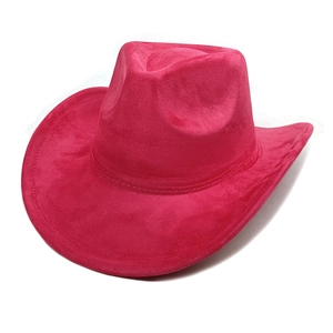 Close-up of rose red suede cowboy hat featuring fine texture and neat edge stitching