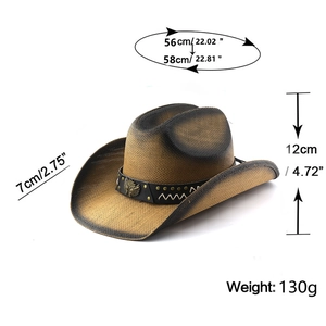 Detailed size specifications for the Western straw cowboy hat with an eagle metal emblem