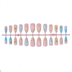24pcs French almond press-on nails with 3D ocean waves, flowers and pearls decoration