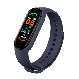 Smart fitness tracker with dark blue rubber strap and oval screen showing health data