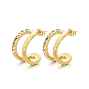Elegant 18K gold-plated C-shaped stud earrings with double-layered pavé cubic zirconia