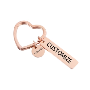 Detailed view of rose gold heart ring keychain with rectangle and round metal tags