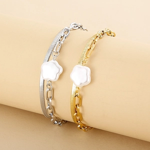 Baroque shell flower layered snake chain bracelet in gold and silver finish