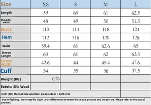 Tableau des tailles pour veste courte rétro avec mesures allant du XS au L