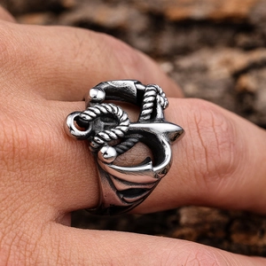 Vintage stainless steel anchor ring with rope detail in silver finish for men and women