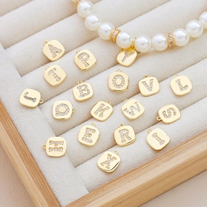 Gold plated square letter charms with micro-pave cubic zirconia for DIY jewelry making