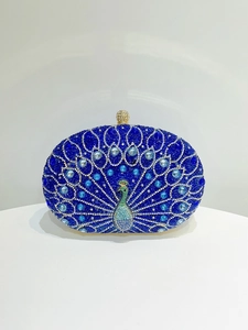 Detailed view of peacock rhinestone evening clutch bag with blue crystal patterns