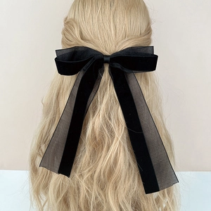 Vintage French Velvet Bow Hair Clip Long Ribbon Layered Organza Mesh Barrette Elegant Retro Spring Clip For Women