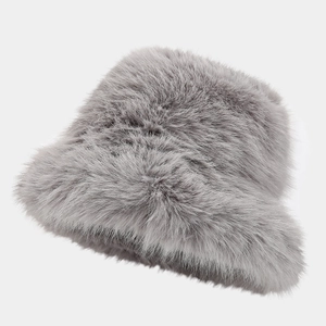 Close-up of the thick grey faux fur texture and soft material of the winter bucket hat