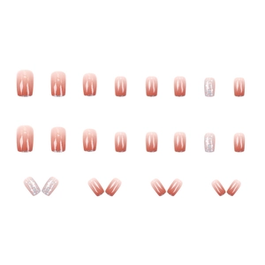 Short square pink ombré press-on nails with silver glitter accents, 24-piece set