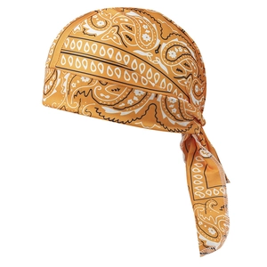 Close-up of yellow paisley durag with white stitching and long strap detail