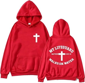 Vue avant et arrière du sweat à capuche chrétien rouge avec croix et texte biblique