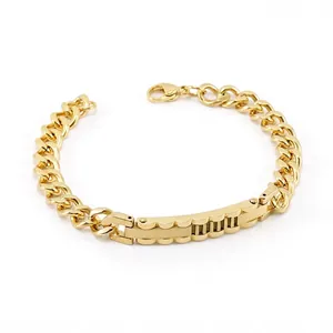 Men's 8mm gold stainless steel Cuban link bracelet with polished metal bar feature