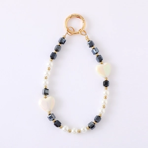 Colorful heart crystal beaded phone strap with black faceted beads and white pearls