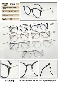 Detailed size specifications and multi-color options of TR90 anti-blue light glasses