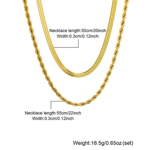 18k gold plated stainless steel double-layered necklace set with snake and twist chains