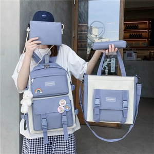 Student Backpack Tote Crossbody Bag And Pencil Case Oxford Cloth Multi Pocket College Travel Patchwork Cute Bear Keychain