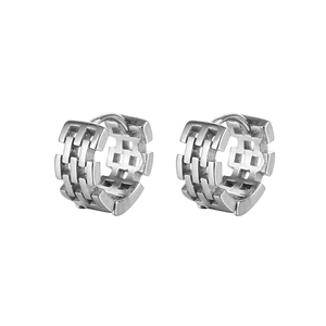 Industrial style silver stainless steel hoop earrings with textured geometric pattern