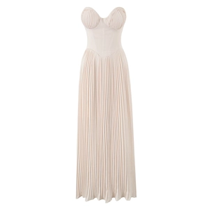 Elegant strapless pleated maxi dress in champagne beige with corset style bodice waist