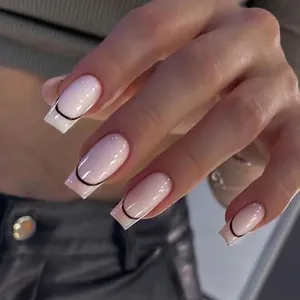 French Minimalist Nude Pink ABS Press On Nails With Black Lines Long Ballet Coffin Shape Artificial False Nails For Women Daily