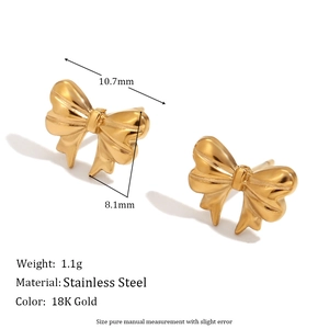 Detail showing 18K gold-plated stainless steel ribbon bow earrings with size dimensions