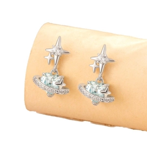 Titanium steel heart screw stud earrings with blue gemstone and starburst design