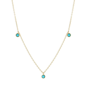 Detail view of gold chain necklace with three turquoise stone pendants in circular bezels