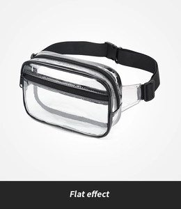 Flat effect view of clear PVC waist bag featuring dual black zippers and adjustable strap
