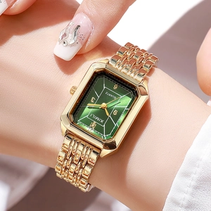 Elegant gold square quartz watch for women with a deep green dial and metal link strap
