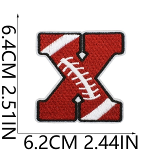 Detail showing red embroidered letter X patch with sports theme and size measurements