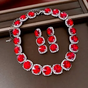 Vintage style red rhinestone jewelry set with pendant necklace and teardrop earrings