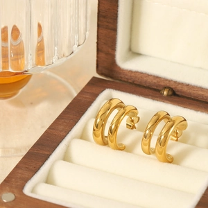 18K gold plated stainless steel C-shaped double-line earrings in a luxury jewelry box
