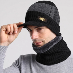 Detail of winter knit hat and neck warmer set with warm gray faux fur lining for men