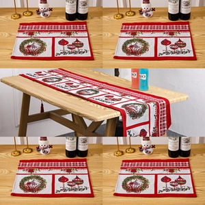 Christmas table runner and placemat set with festive Santa and red plaid patterns