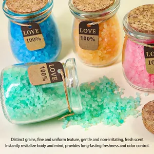 Himalayan crystal bath salt set in glass bottles with cork lids for aromatherapy