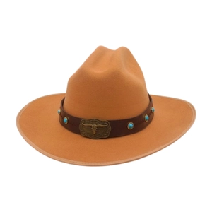 Classic camel wool felt jazz fedora hat with brown leather band and bull head metal buckle