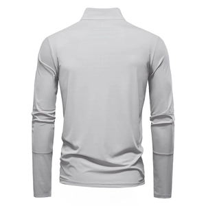 Detail of light grey UV protection UPF100+ long sleeve tee with half-zipper collar