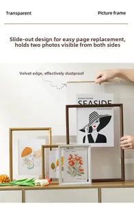 Detail of double-sided transparent acrylic frames with sliding wooden borders and velvet seal