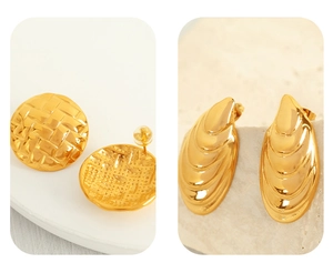 Detail of gold circular textured stud and layered shell drop earring set