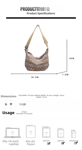 Tableau des tailles du sac en toile bohème avec dimensions et capacité comparative