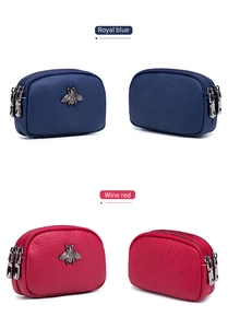 Dual zipper leather coin purses in royal blue and wine red with bee metal detail