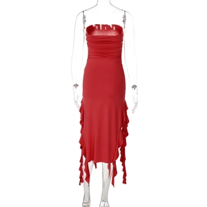 Detailed view of the red strapless dress featuring ruffled side slit and slim fit cut