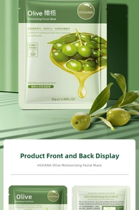 Detailed front and back view of HCHANA olive moisturizing sheet mask 30g packaging