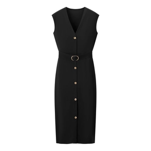 Women's black V-neck sleeveless midi dress with gold buttons and matching belt